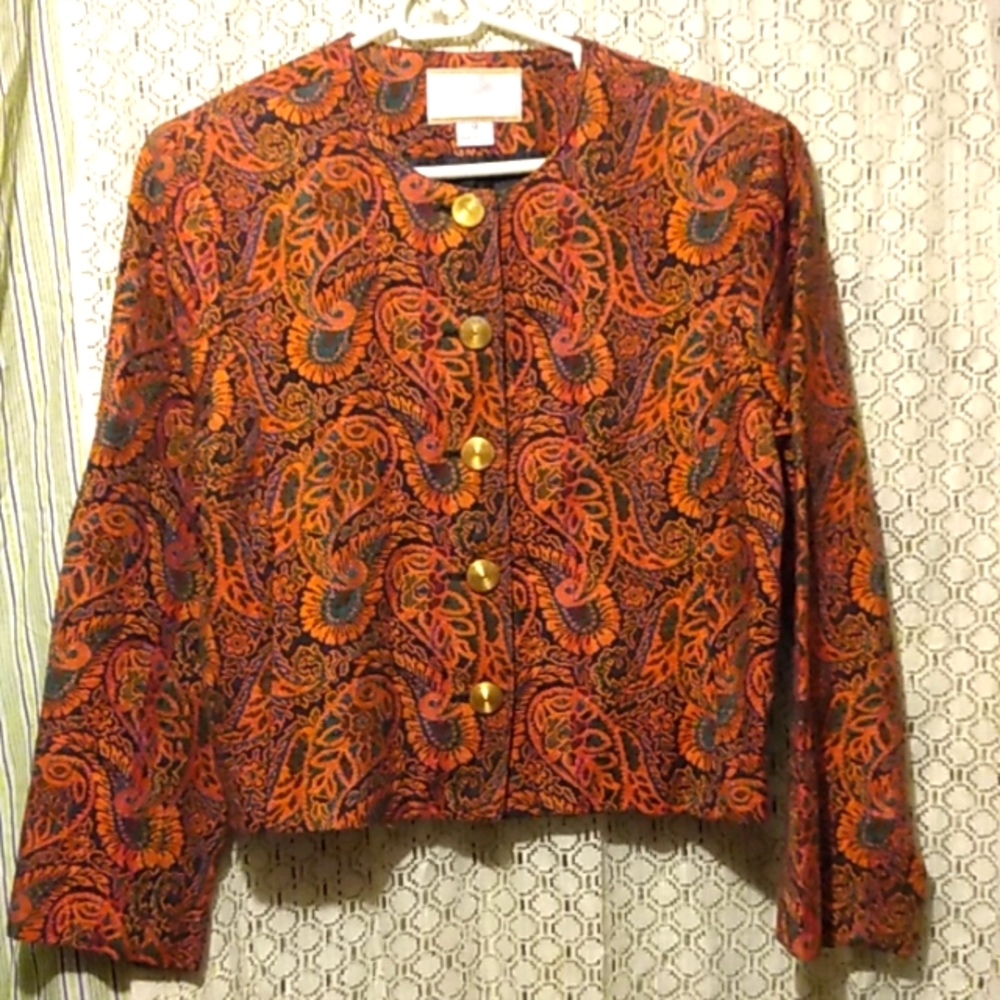JACQUELINE FERRAR Dsgnr Sz12P JACQUARD POPPING PAISLEY 80s Vintage BOLERO JACKET
